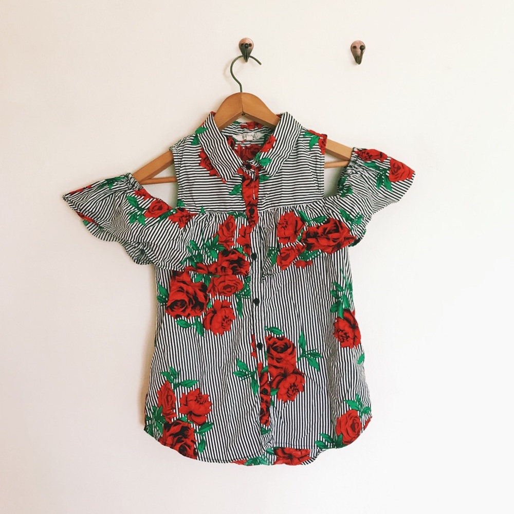 SOLD Floral Striped Cold Shoulder Tank Small - Picture 1 of 7